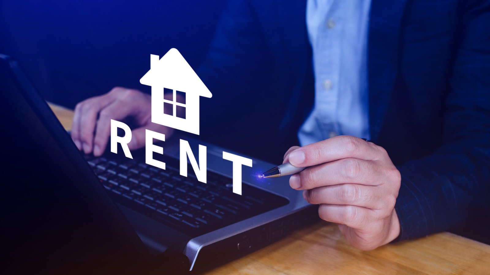 Realtor's hand puts with icon house and word RENT. Concept of renting housing, apartment, real estate. market of immobility, Property investment and house mortgage financial concept